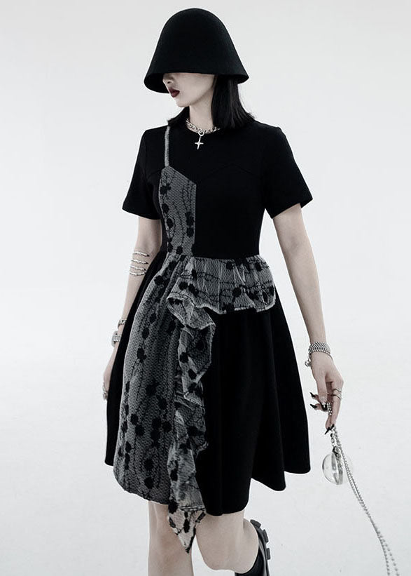 French Black O-neck Asymmetrical Design Patchwork Ruffles Cotton Fake Two Pieces Pleated Dresses Summer