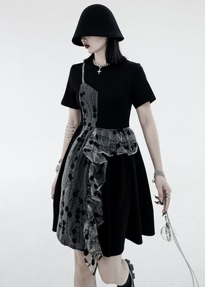 French Black O-neck Asymmetrical Design Patchwork Ruffles Cotton Fake Two Pieces Pleated Dresses Summer