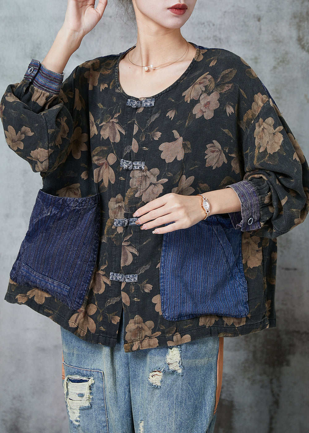 Black Print Patchwork Pockets Linen Blouses Spring