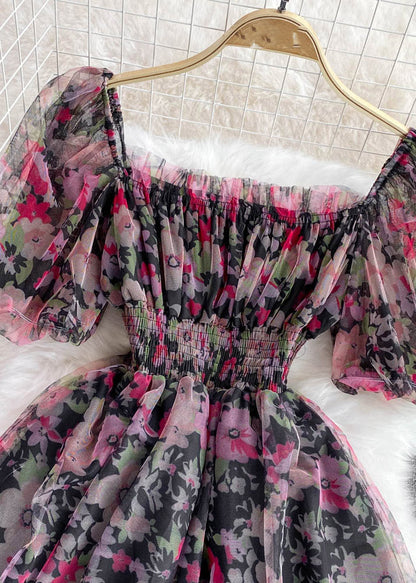 Black Square Collar Print Tulle Patchwork Tunic Mid Dress Short Sleeve