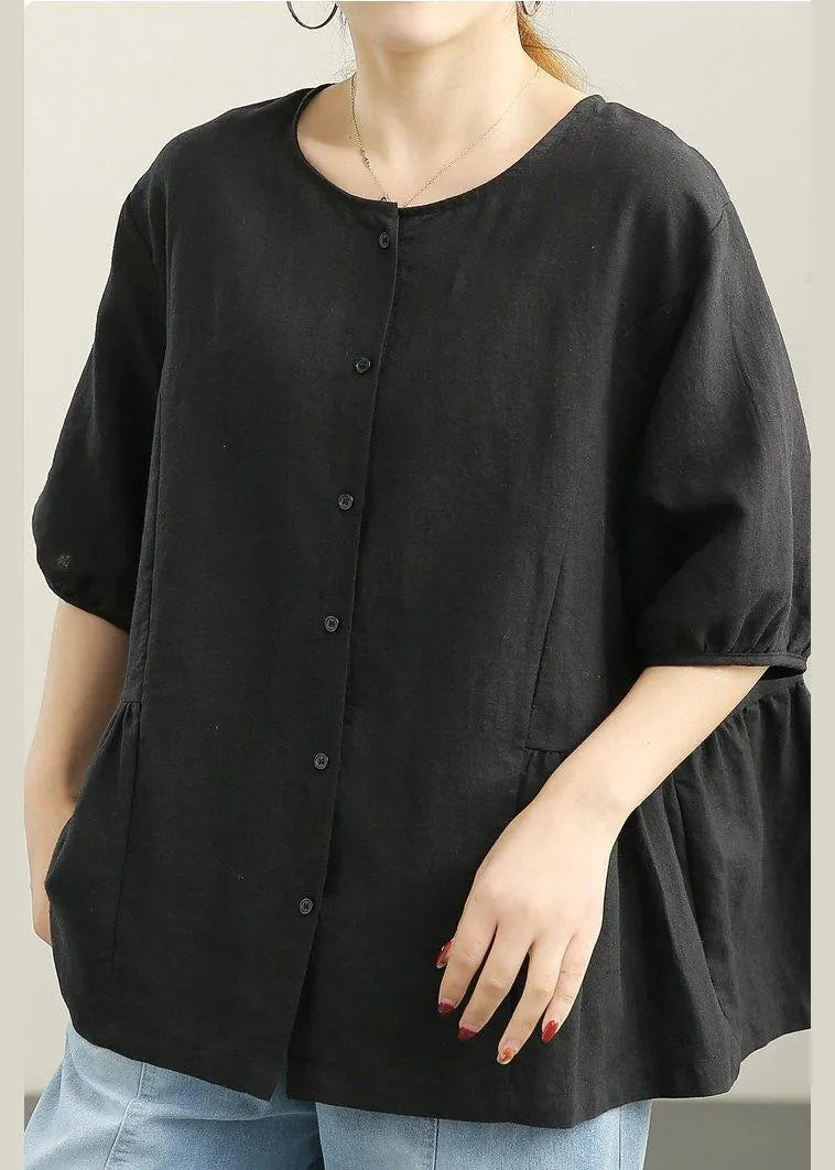 Loose Baby Blue Button Linen Top Summer