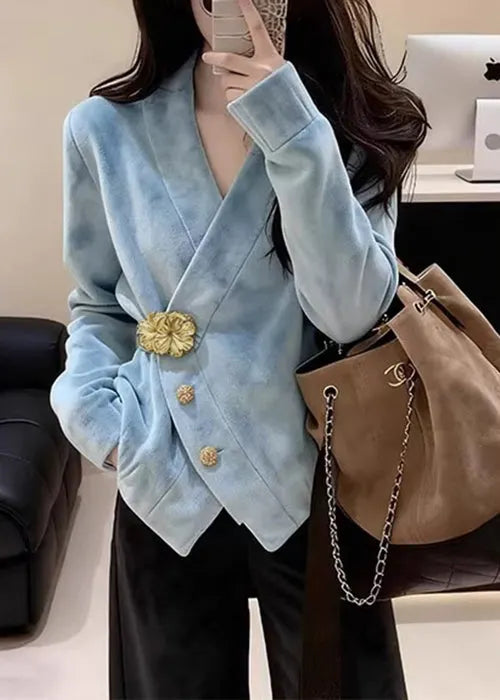 Stylish Blue V Neck Button Faux Suede Coats Spring