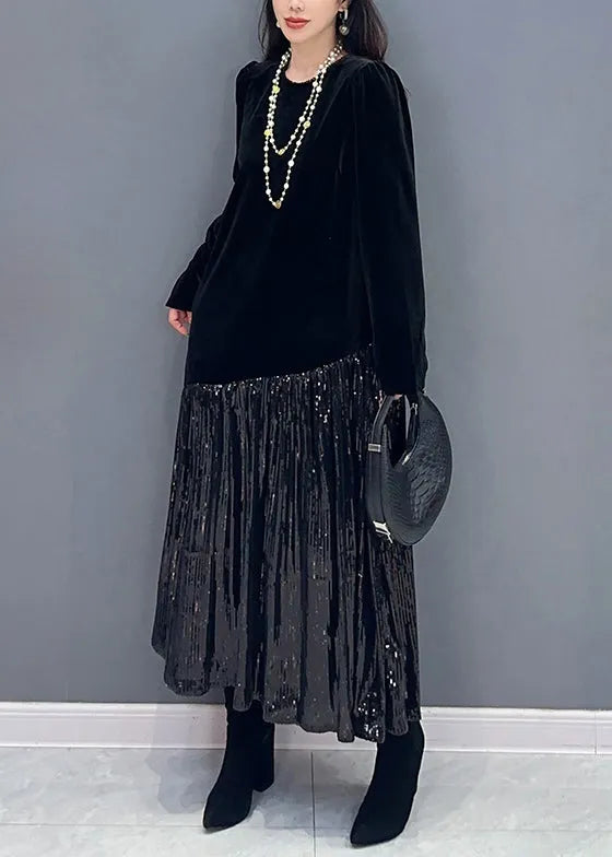 Black Wrinkled Patchwork Silk Velour Dresses O Neck Spring