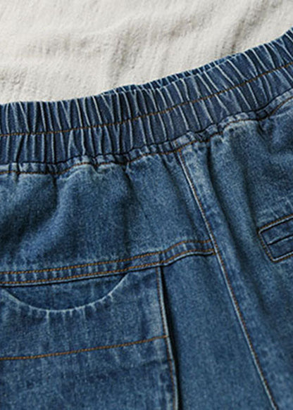Denim Blue Elastic Waist Pockets Cotton Wide Leg Crop Pants Summer