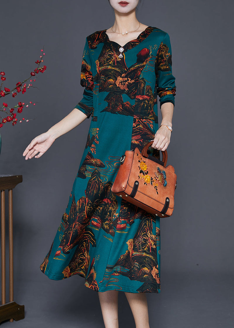 Blackish Green Print Silm Fit Cotton a Line Dresses Fall