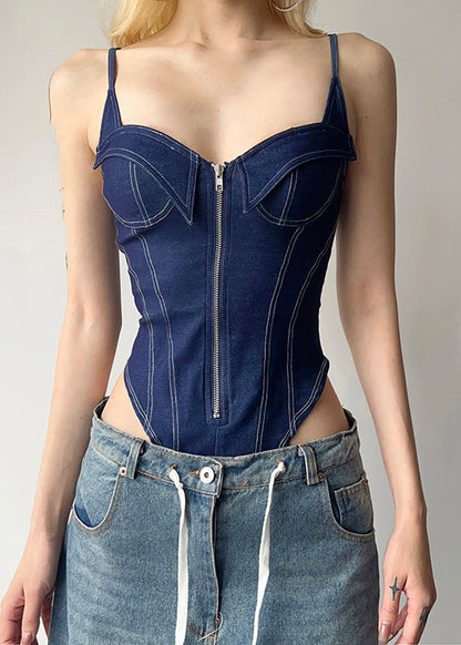 Blue Patchwork Zippered Denim Cami Bodysuit