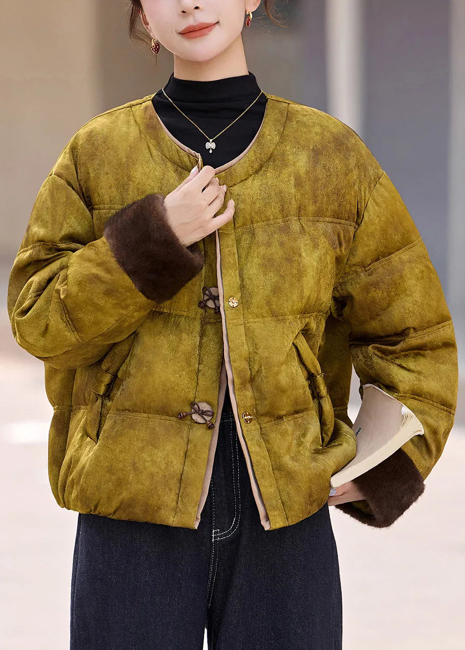 Retro Yellow O Neck Pockets Patchwork Duck Down Jackets Winter