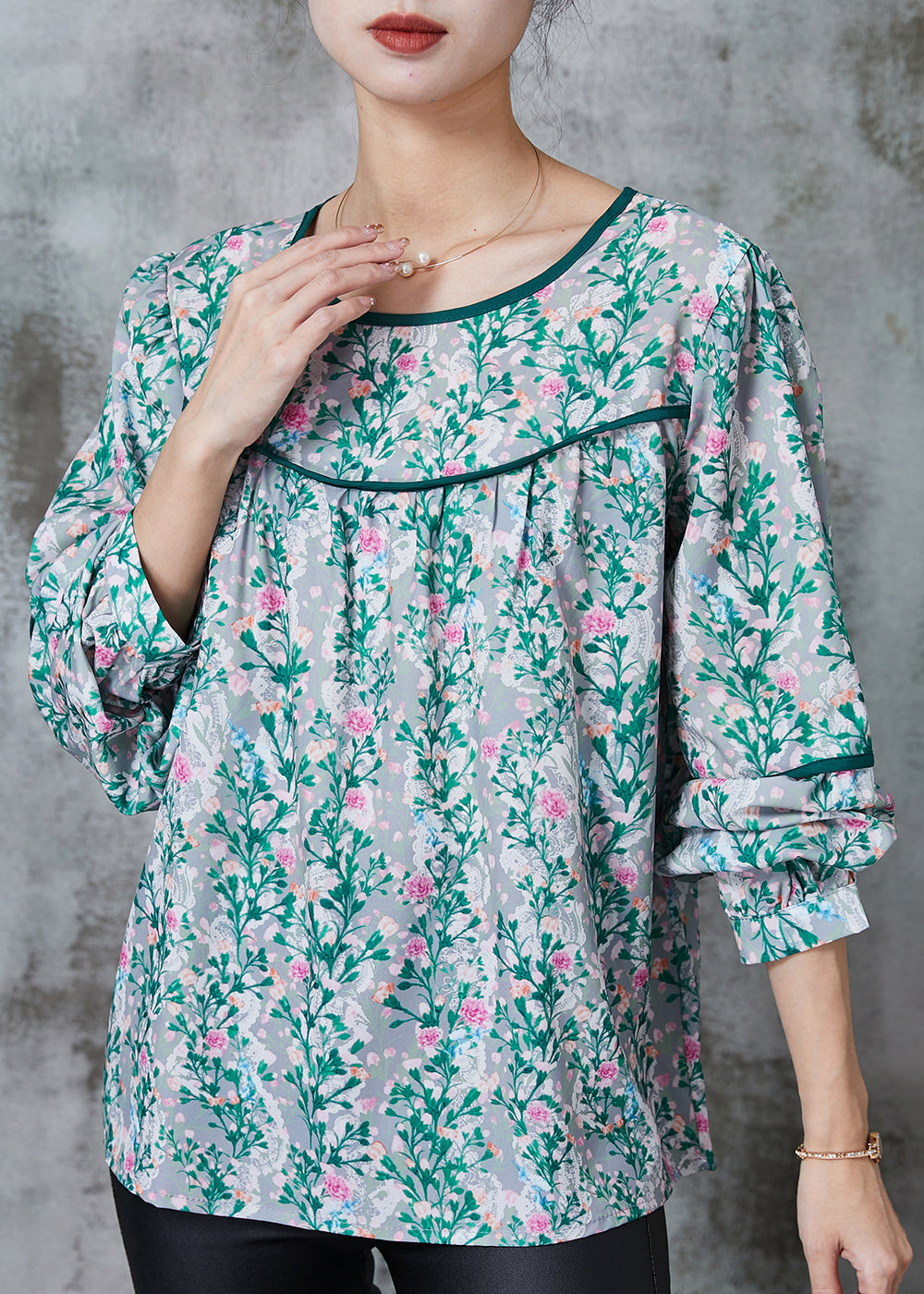 Green Print Chiffon Loose Shirt Spring