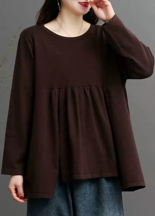 French Chocolate O-neck Asymmetrical Design Fall Knit Sweater