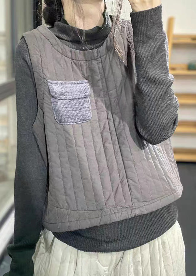 Black O Neck Patchwork Fine Cotton Filled Vest Sleeveless