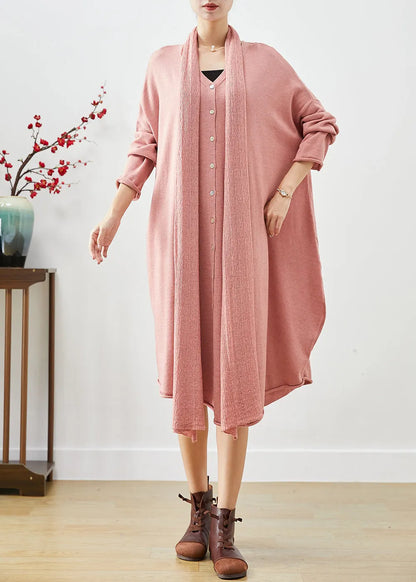 Pink Oversized Complimentary Scarf Knit Dress Batwing Sleeve Spring