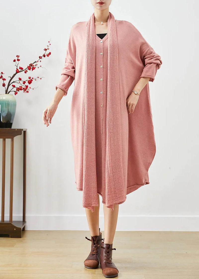Pink Oversized Complimentary Scarf Knit Dress Batwing Sleeve Spring