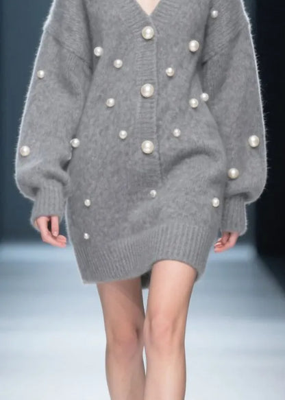 Cozy Grey V Neck Fine Pearls Thick Knit Dress Winter