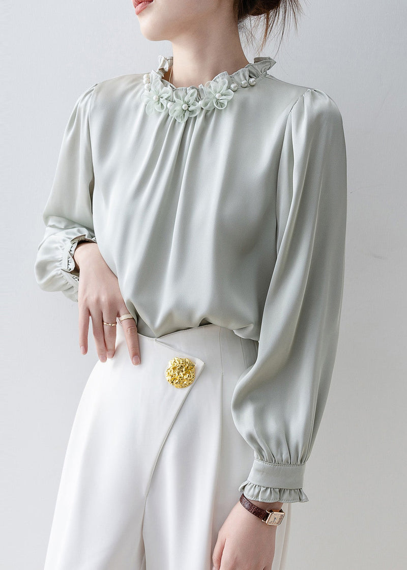 Unique Light Blue Ruffled Chiffon Shirts Spring