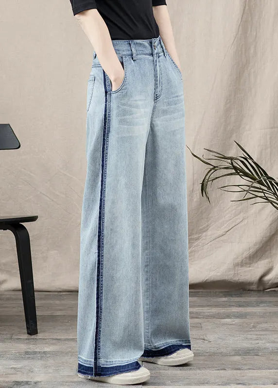 Blue Pockets Patchwork Denim Wide Leg Pants Spring