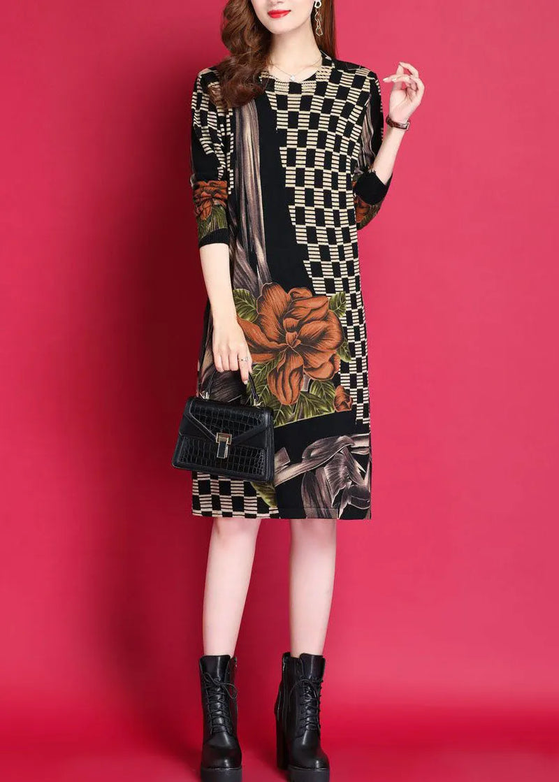 Black O-neck Print Woolen Knitwear Dress Fall