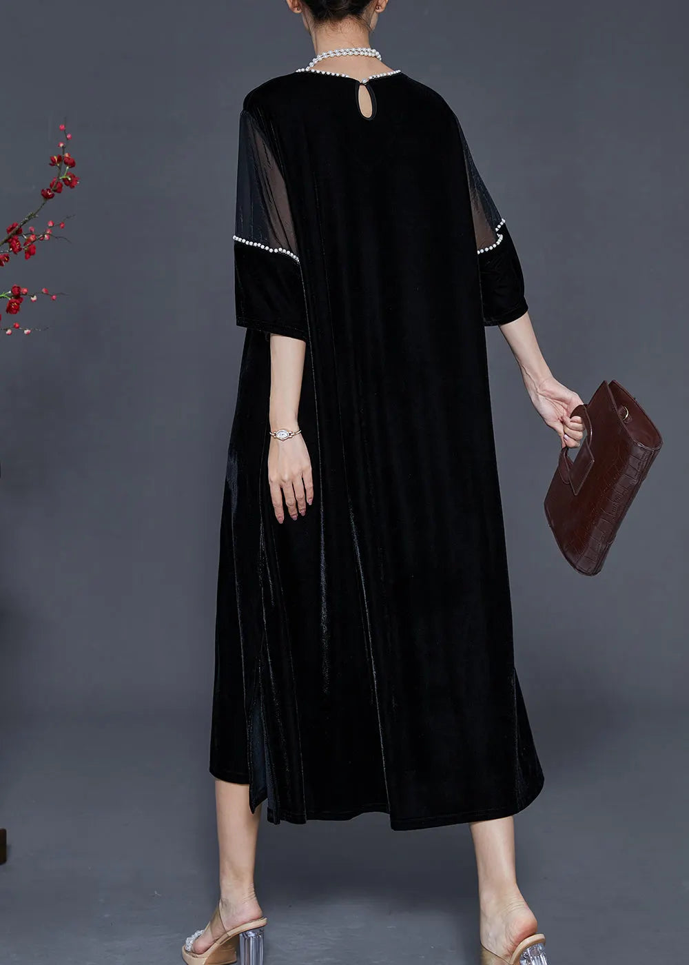 Black Oversized Patchwork Nail Bead Silk Velour Dress Spring