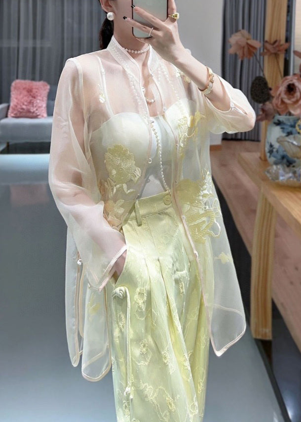 White Embroidered Button Tulle Shirts Long Sleeve