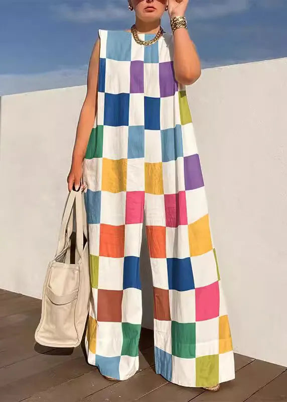Rainbow Plaid O-neck Jumpsuits Sleeveless