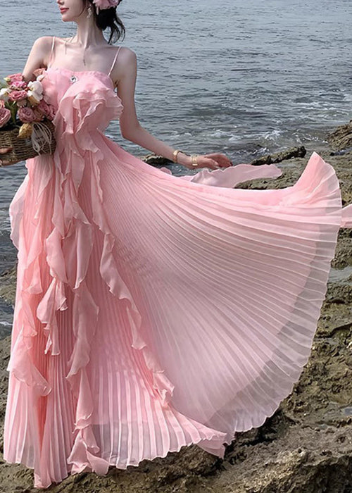 Novelty Pink Ruffled Chiffon Spaghetti Strap Dress Sleeveless