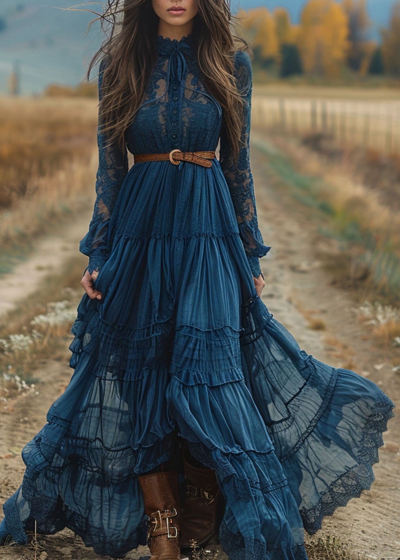 Blue Lace Ruffled Patchwork Cotton Robe Dresses Spring