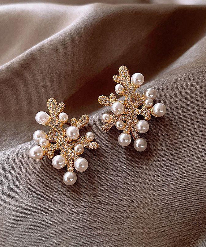 White Sterling Silver Overgild Zircon Coral Pearl Stud Earrings