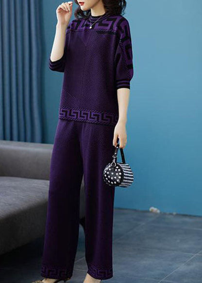 Boutique Purple O-neck Print Draping Silk Sweatshirt Two Piece Suit Set Fall
