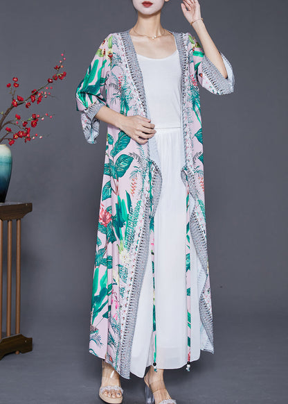 Green Leaf Print Lace Up Chiffon Long Cardigan Fall