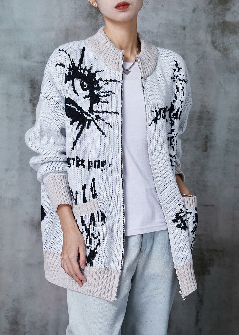 Grey Oversized Print Knit Cardigans Winter