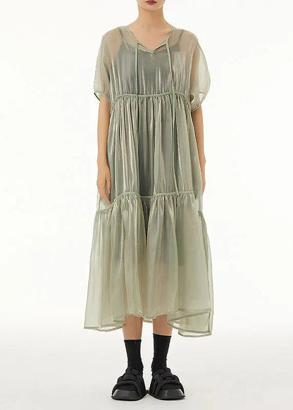 Art Light Green Oversized Lace Up Tulle Dress Sets 2 Pieces Summer