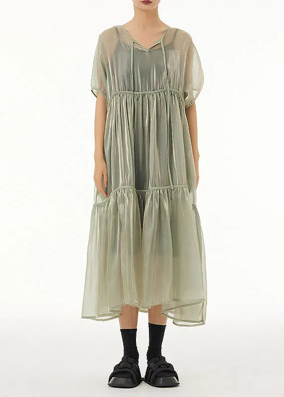 Art Light Green Oversized Lace Up Tulle Dress Sets 2 Pieces Summer