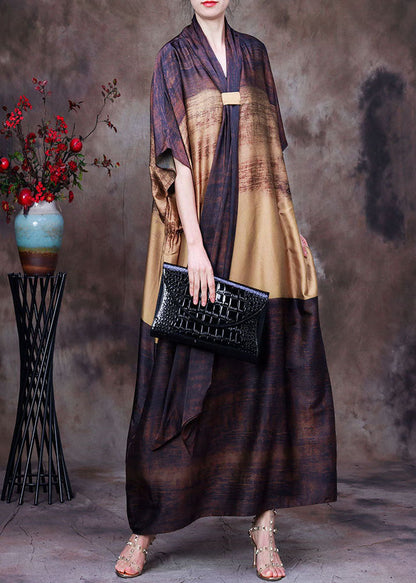 Chocolate Yellow Bow Print Silk Loose Ankle Dress Batwing Sleeve