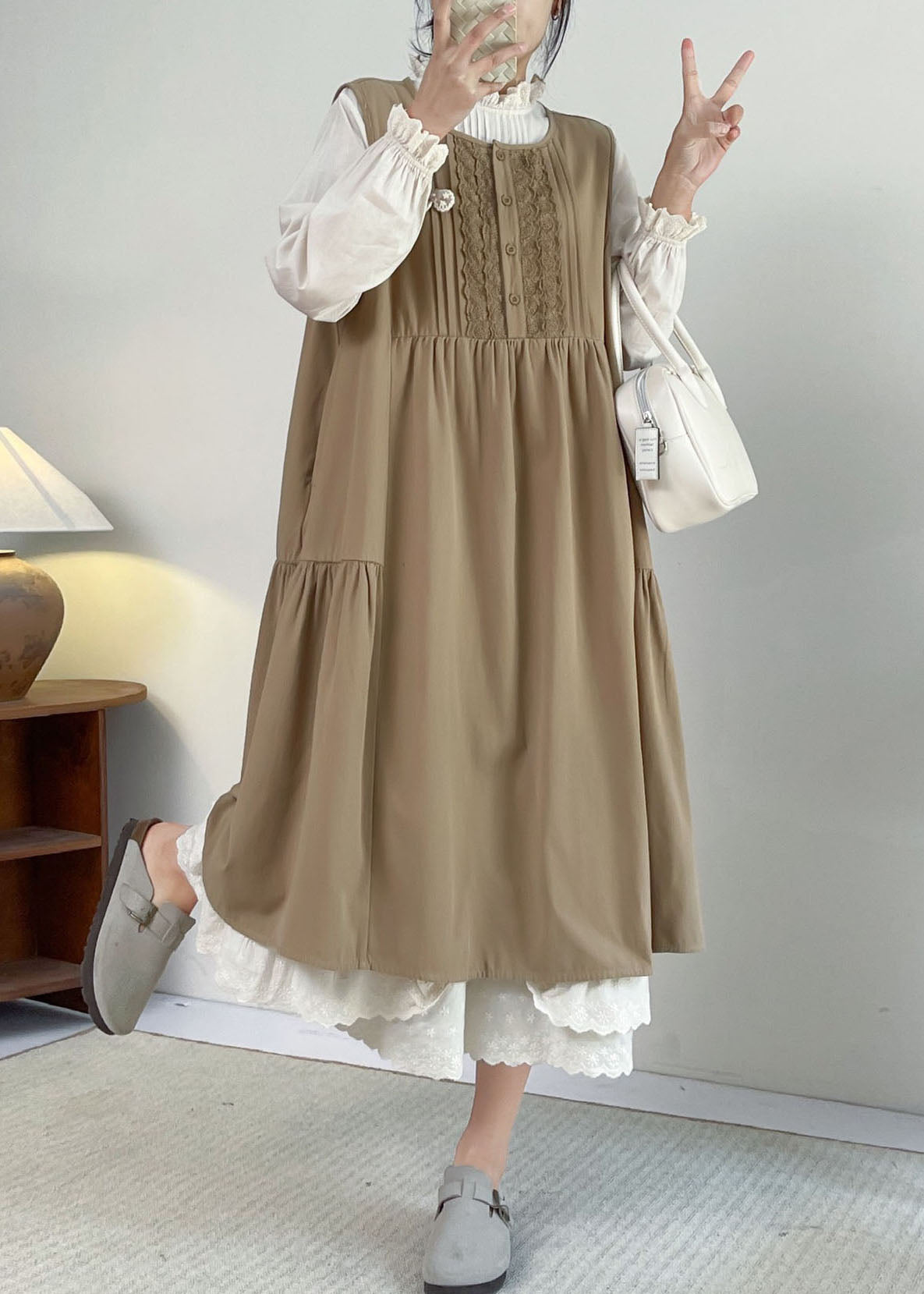 French Khaki O-neck Lace Patchwork Long Dress Sleeveless