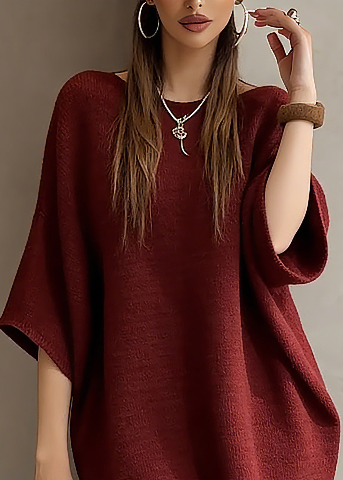 Red Slash Neck Knit Sweater Dress Batwing Sleeve