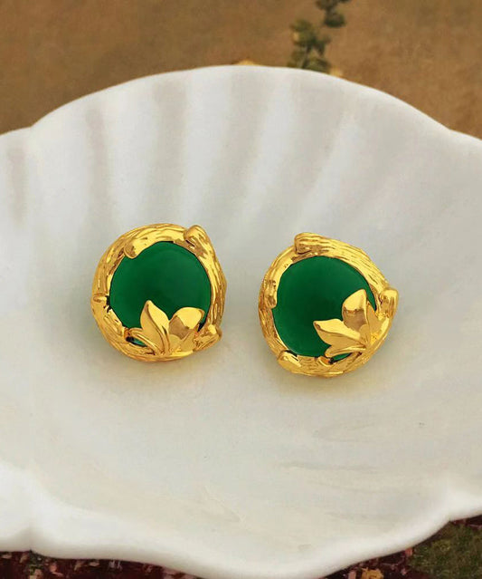 Art Green Copper Overgild 14k Gold Gem Stone Stud Earrings