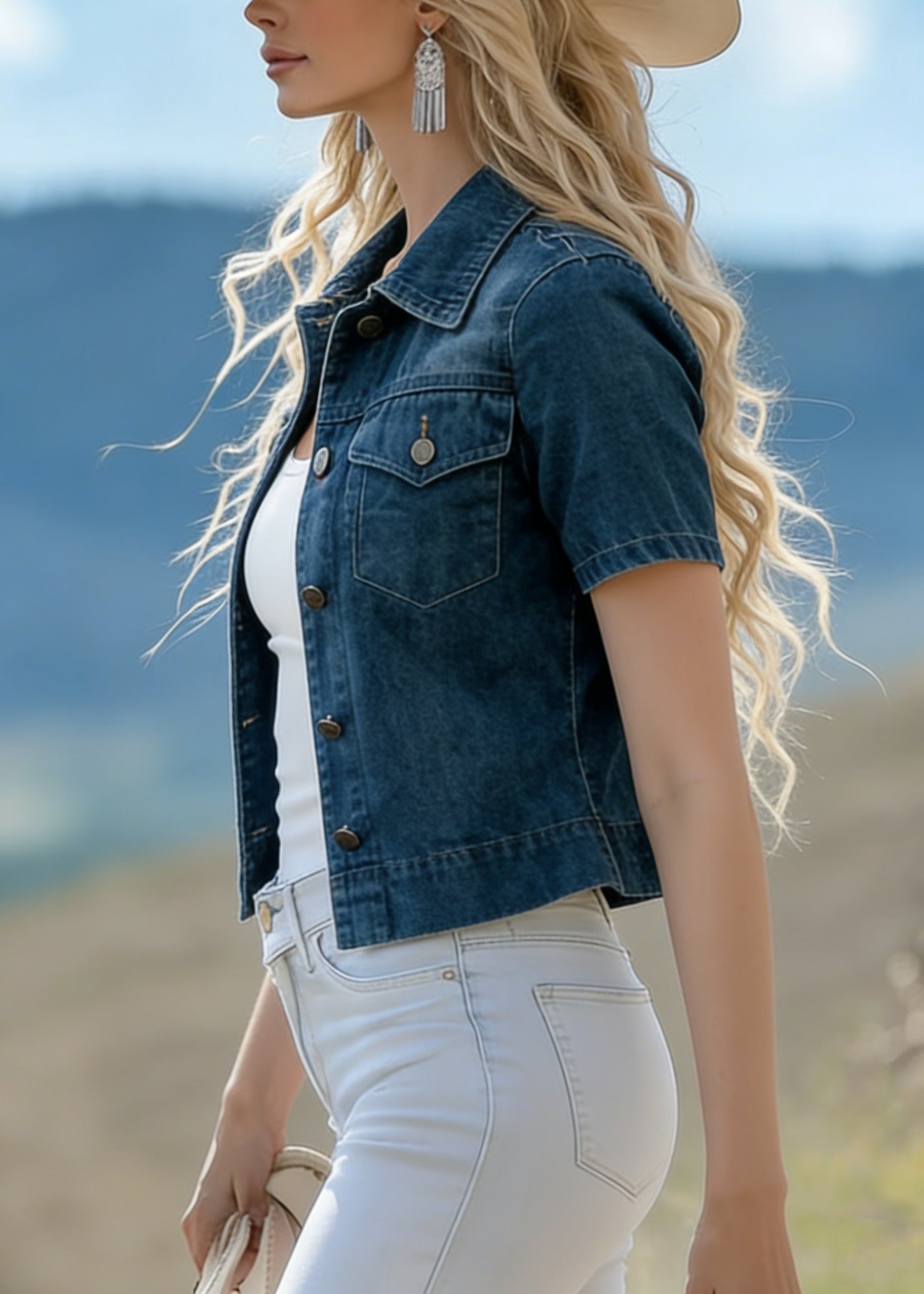 Italian Blue Peter Pan Collar Patchwork Denim Coat Summer