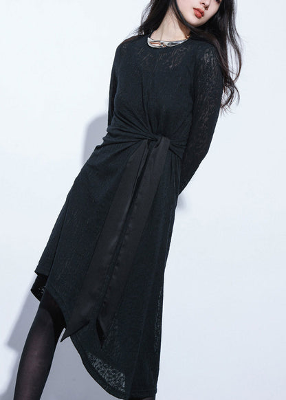 Style Black O-neck Hollow Out Low High Design Lace Long Dress Long Sleeve