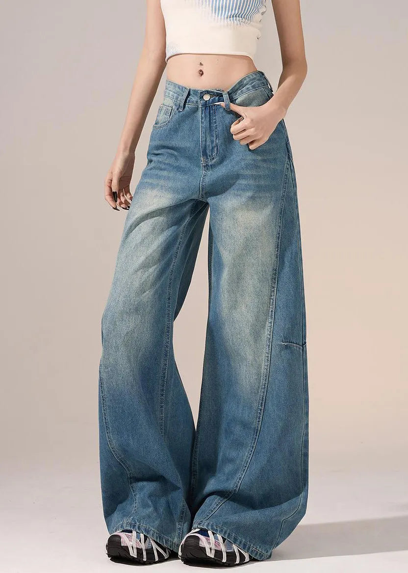 French Blue Pockets Lace Patchwork Denim Pants Spring