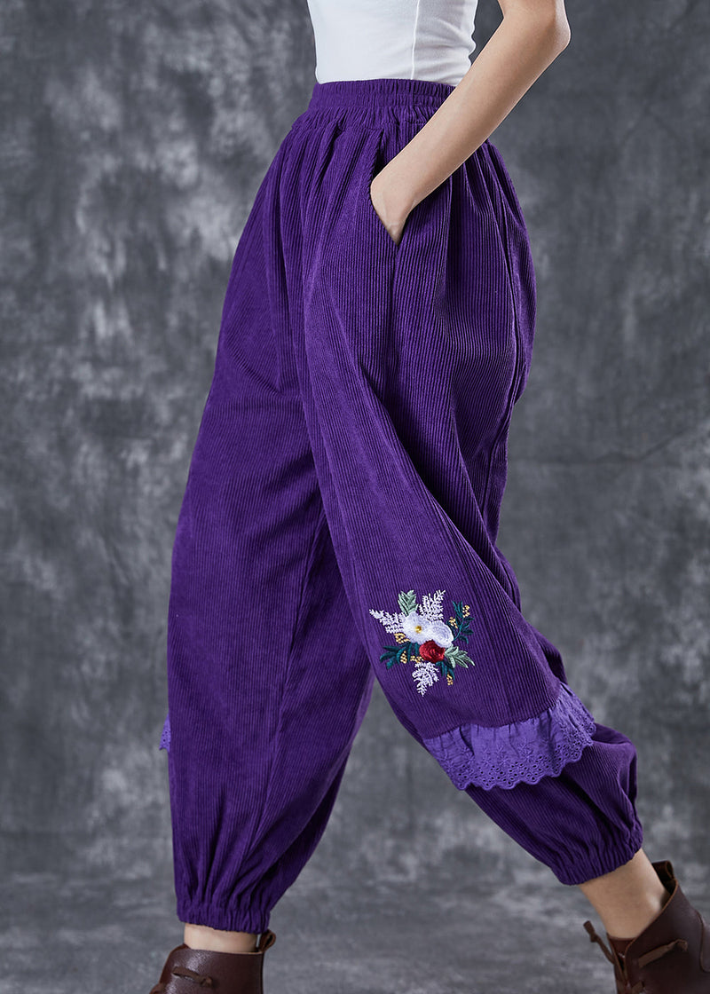 Dull Purple Embroideried Patchwork Corduroy Pants Fall