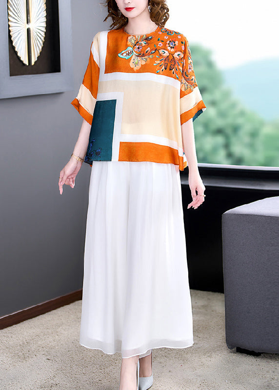 Stylish Yellow O-neck Print Silk Top and Wide Leg Pants Two Pieces Set Summer
