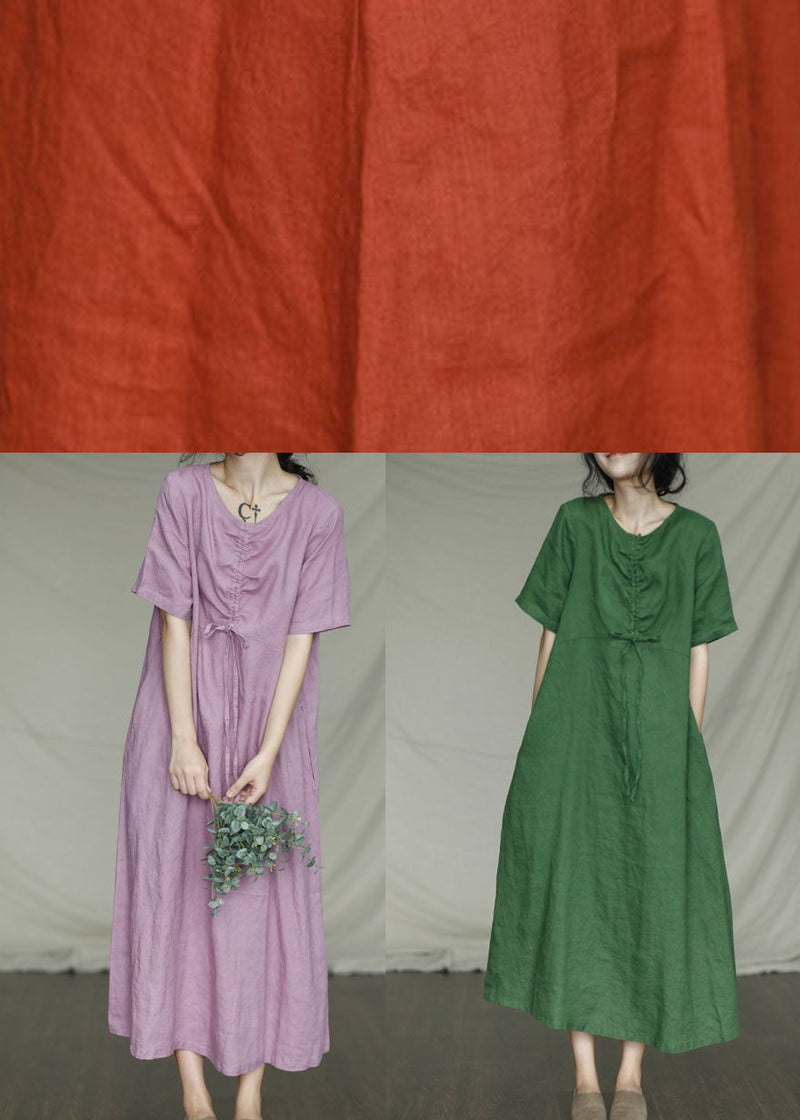 Green Pockets Linen Dress Short Sleeve