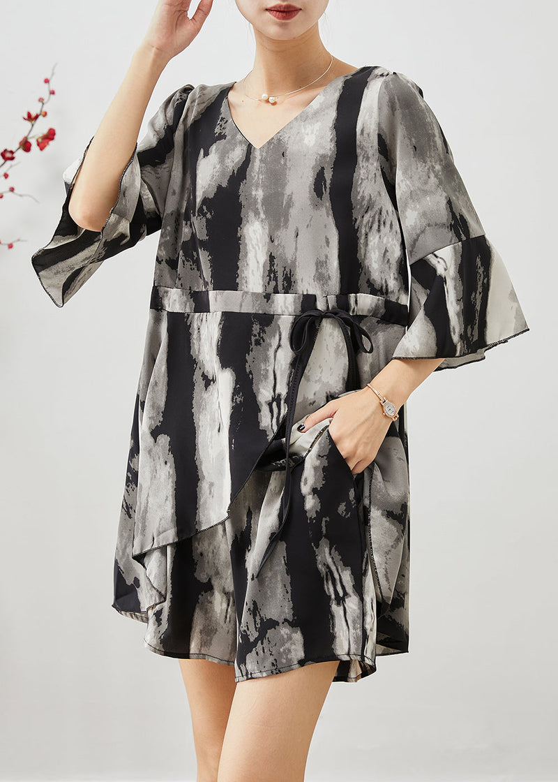 Black Cinched Tie Dye Spandex Two Piece Suit Set Summer