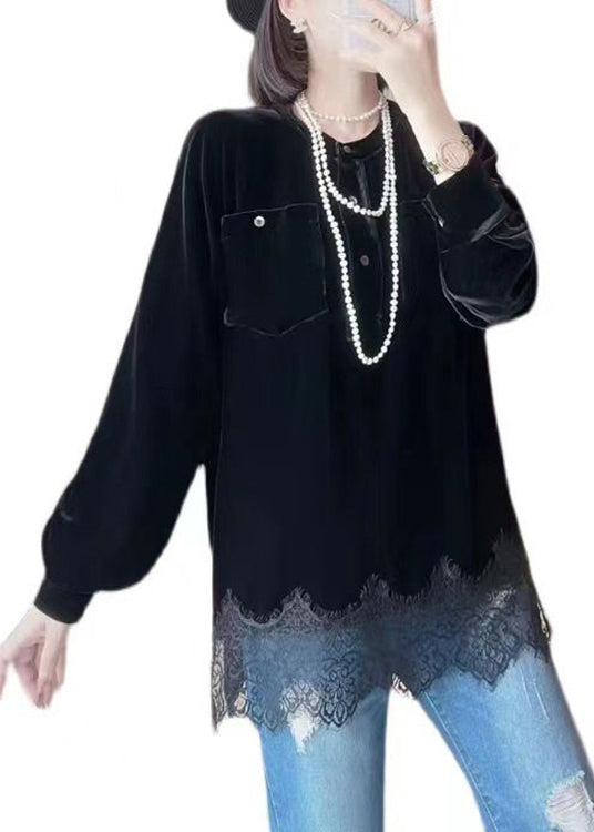 Black O Neck Button Patchwork Silk Velour Tops Fall