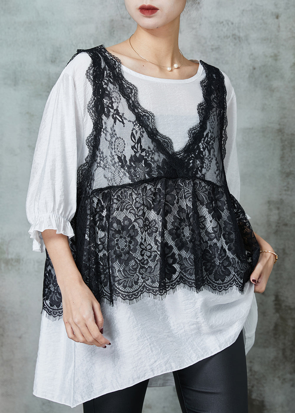 Organic White Oversized Lace Vest and Tanks Two Pieces Set Summer