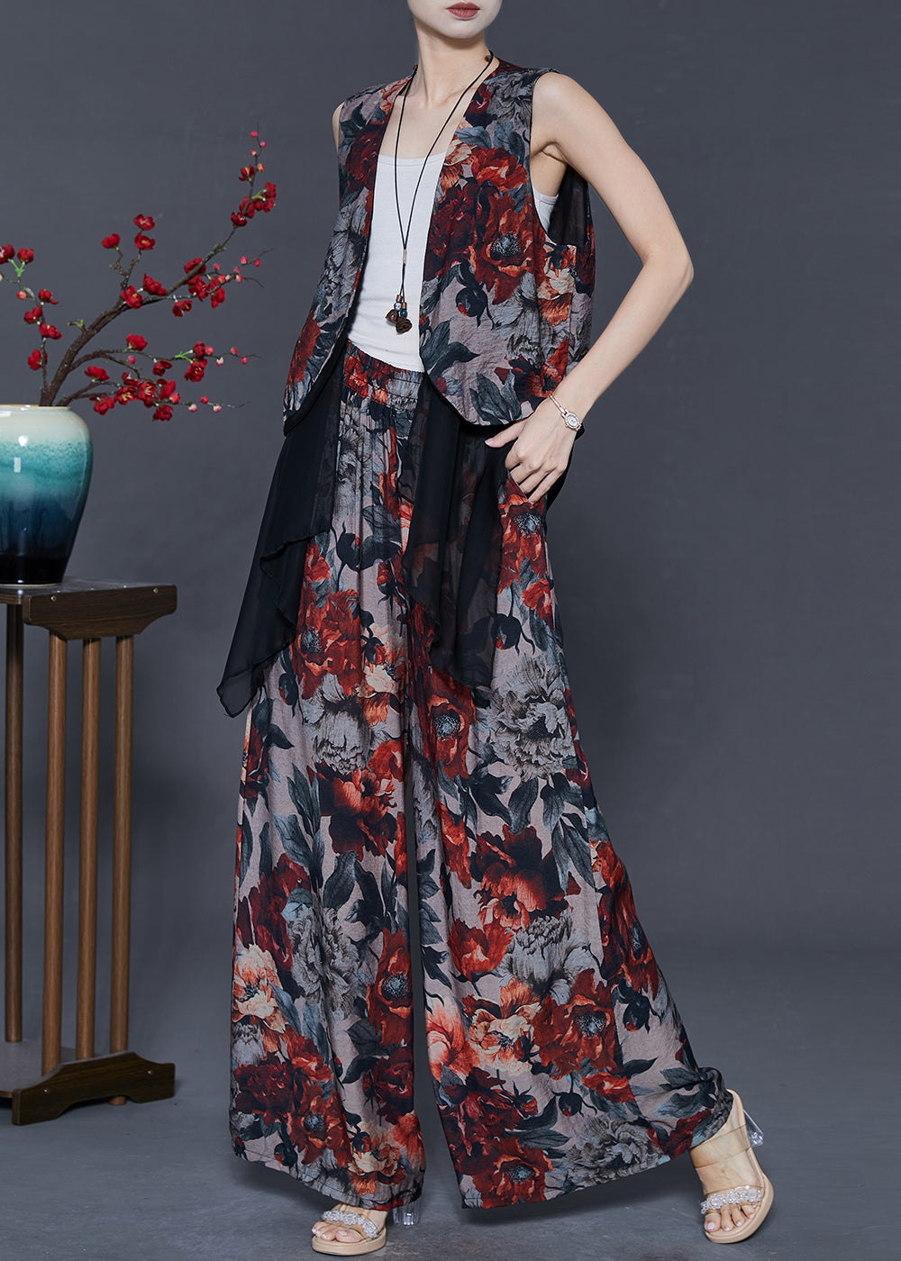 Red Print Patchwork Linen 2 Piece Outfit Summer