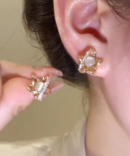 Modern Gold Copper Overgild Zircon Cat's Eye Stud Earrings
