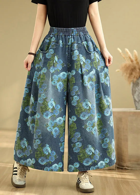 Blue Print Pockets Denim Drop Wide Leg Pants