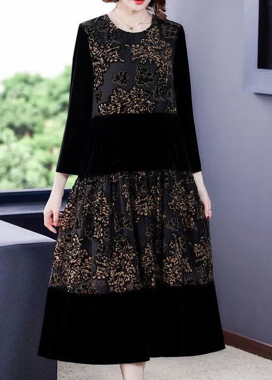 Black Embroideried Tulle Patchwork Silk Velour Dresses Spring