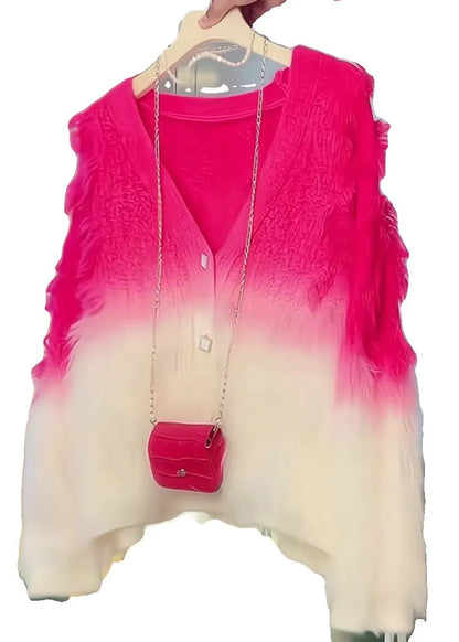 Gradient Color V Neck Button Cotton Knit Coat Long Sleeve