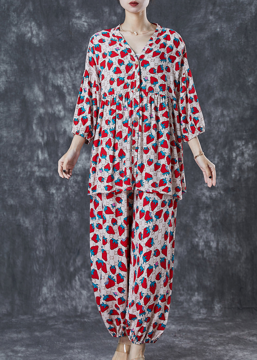 Khaki Oversized Strawberry Print Cotton Two Pieces Set Summer